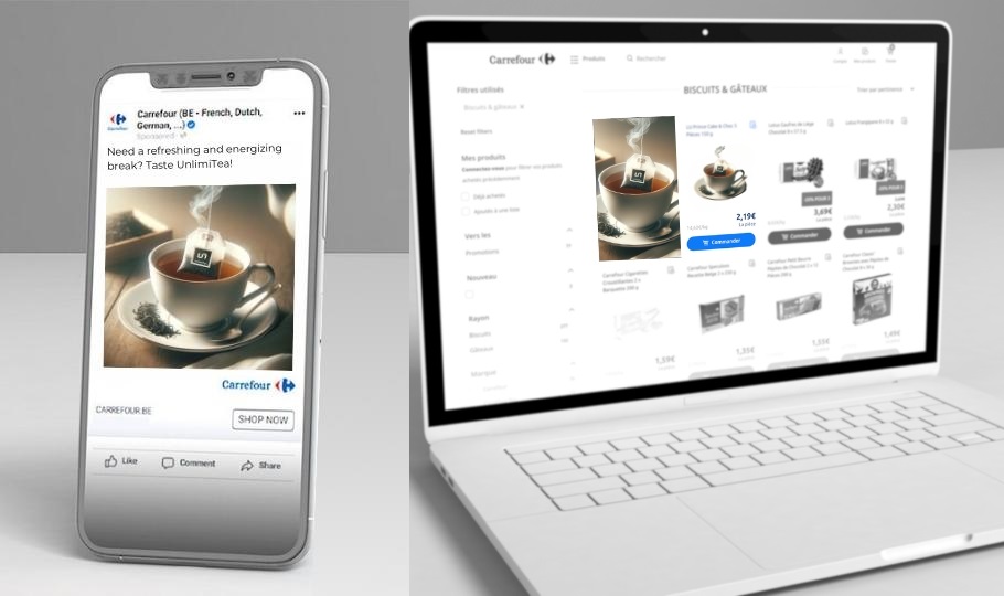 Voorbeelden van onsite en offsite activiteiten voor het fictieve merk UnlimiTea